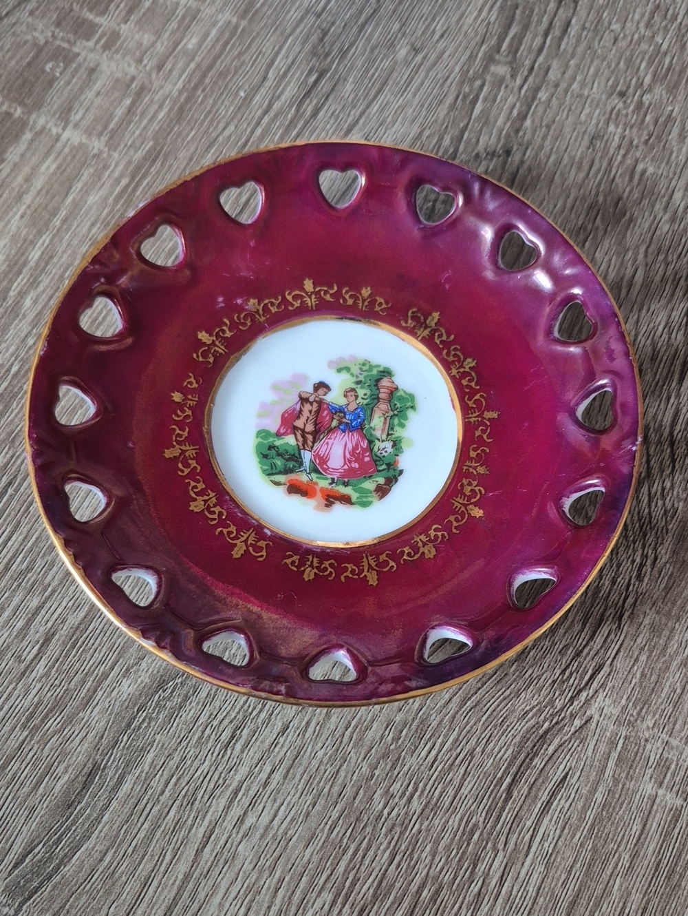 Decorative Burgundy Porcelain Trinket Dish with Gold Trim